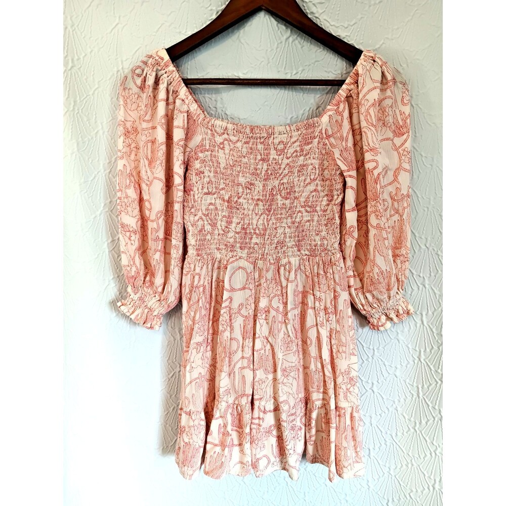 Rockin' G Women's Small Western Desert Cactus Smocked Mini Dress Pink Boho Rayon